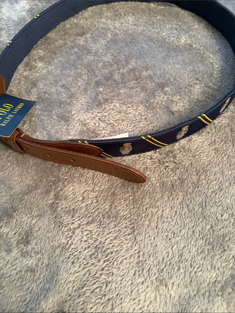 Polo by Ralph Lauren Navy Canvas Belt with Brown Leather Trim and Yellow Stripe